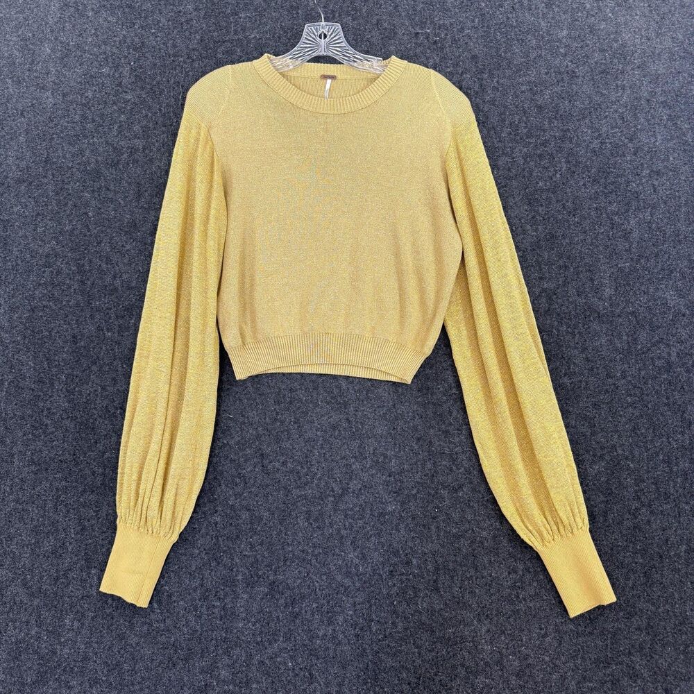 Free People Let it Shine Sweater Women's Small Gold Metallic Balloon Sleeve